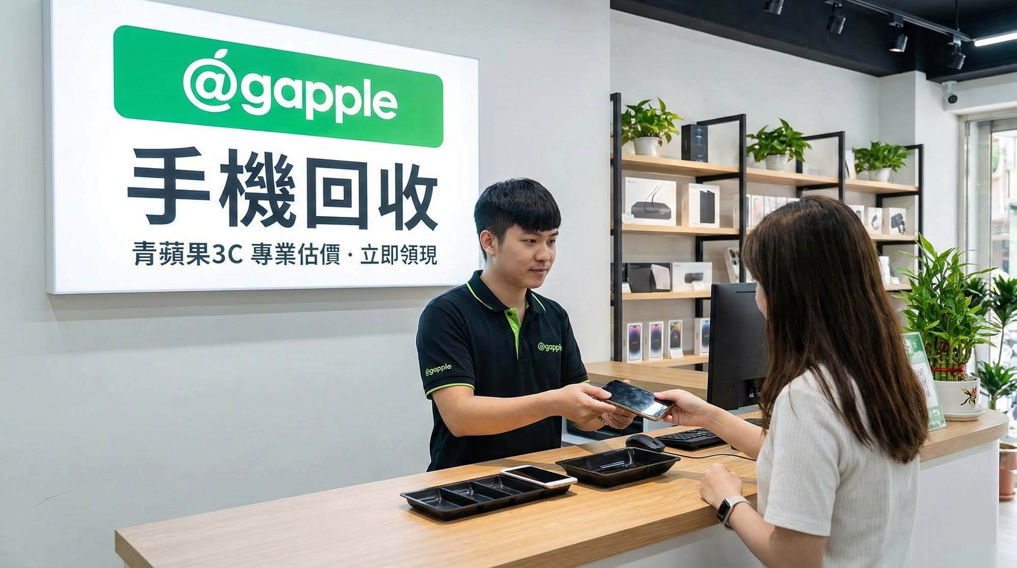 青蘋果3C 二手手機現場估價示意圖（對比回收處理與賣手機換現金概念）