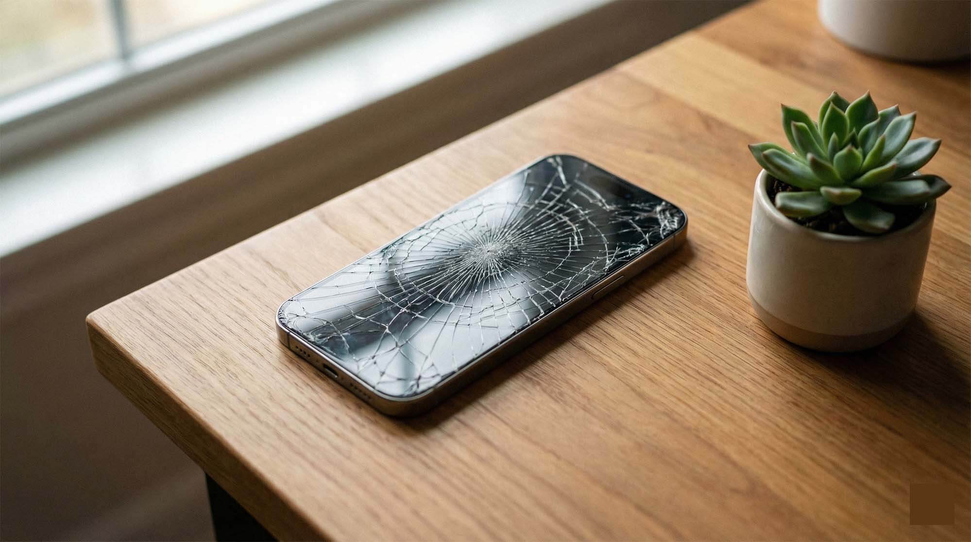 螢幕破裂的iPhone放在木質桌面上等待回收