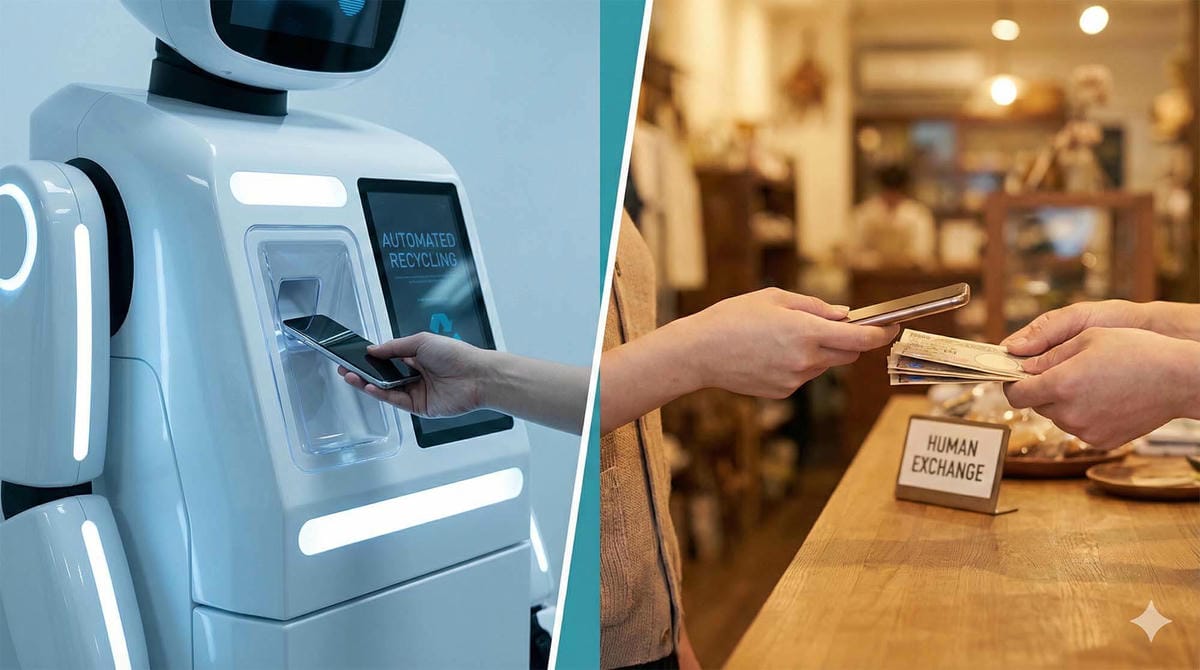 分割畫面比較自動回收機台與真人店員服務的差異 / Split screen comparison showing a robotic recycling kiosk vs a human store clerk service.